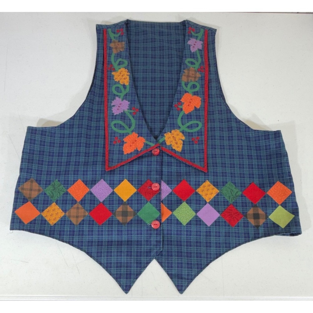 Handmade Harvest Patchwork Vest XL Blue Plaid Pumpkin Apple Fall Thanksgiving